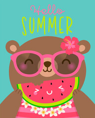 Cute bear holding a slice of  watermelon illustration for summer holiday concept design.