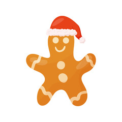 Holiday christmas gingerbread man cookie with santa claus hat. Vector illustration in flat style