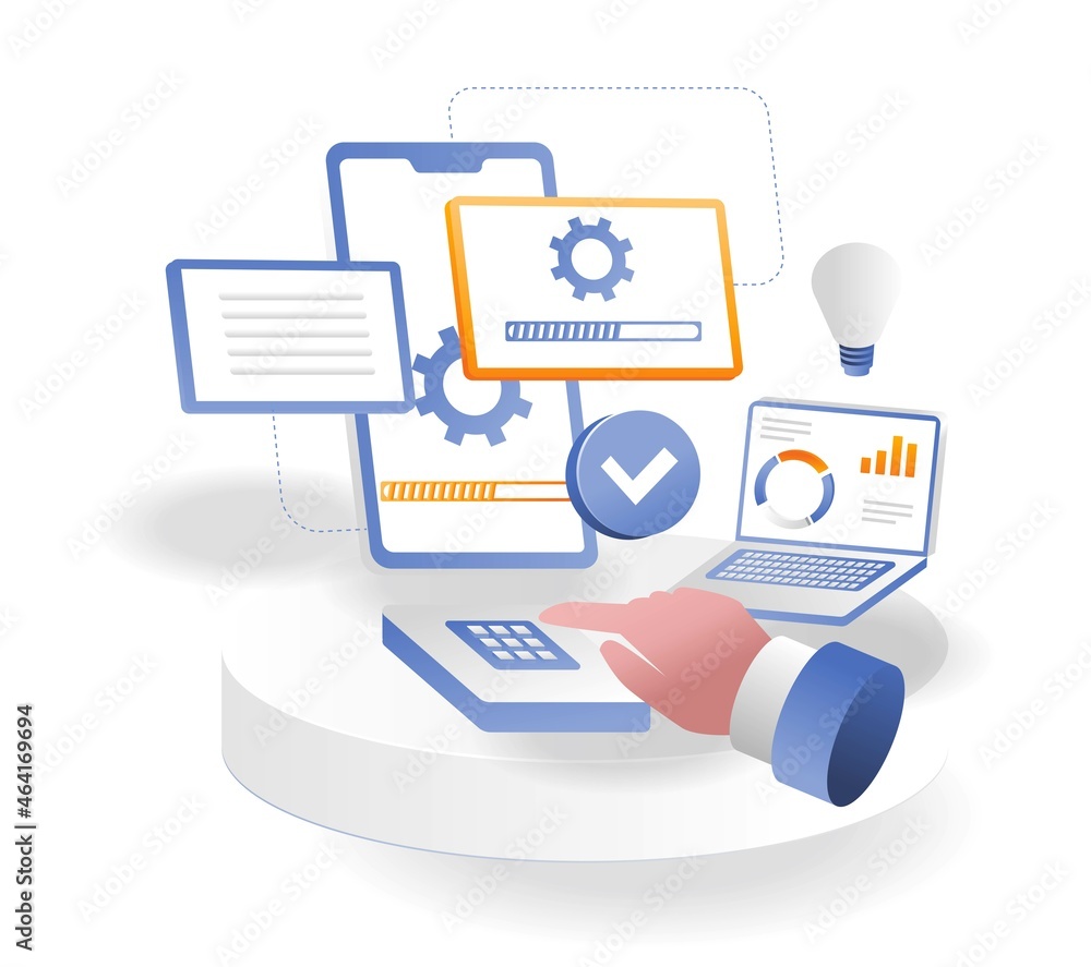 Poster smartphone and computer app updates in isometric illustration