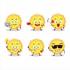 Cheese tart cartoon character with various types of business emoticons