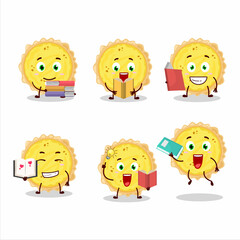 A picture of cheese tart cartoon character concept reading an amusing book
