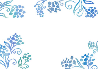 Set blue Watercolor lleafs and flowers on white Background. Watercolour light green and turquoise blob and Spot texture. Winter frame Backdrop for packaging, wedding and web