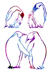 Artistic Watercolor multicolor set animal elements. Watercolour doodle and scribble colorful penguin family on white background. Blue, red, violet and purple colors