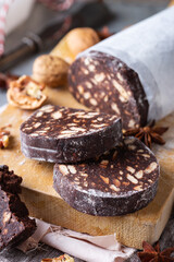 Traditional homemade Italian dessert - christmas chocolate salami