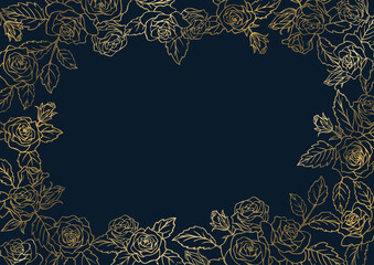 薔薇の花を装飾したデザイン用のフレーム素材　金色の線画とネイビーの背景