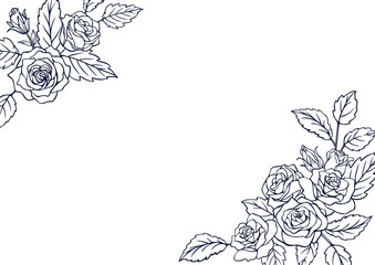 薔薇の花を装飾したデザイン用のフレーム素材　線画
