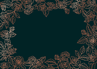 薔薇の花を装飾したデザイン用のフレーム素材　ローズゴールドの線画とモスグリーンの背景