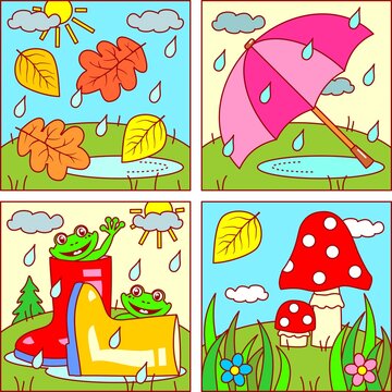 Autumn picture icons for designing themed projects - falling leaves, rain, umbrella, rubber boots, playful frogs, puddles, mushrooms
