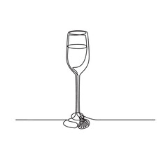 Mono line illustration of a champagne flute wine glass with clam shell wine tag done in monoline line art in black and white style.  © Redwater Vectors