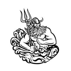 Mascot illustration of Aegir, Hler or Gymir God of the sea in Norse mythology with trident and waves splashing viewed from front set in circle on isolated background in black and white retro style.