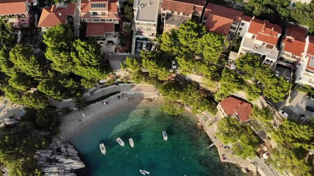 Brela city coast beach, aerial top down.