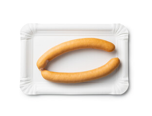 Smoked frankfurter sausages on paper plate