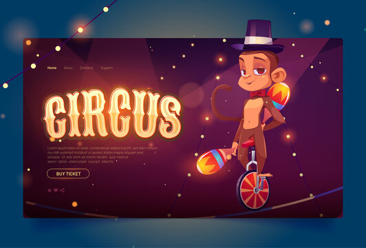 Circus banner with cute monkey juggler on monocycle. Vector landing page of carnival performance with animals with cartoon illustration funny ape with juggle clubs on unicycle