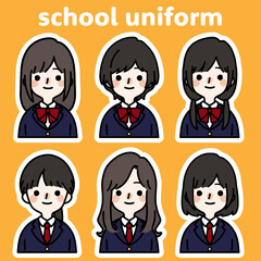 人物イラストセット_女子高生_白フチ