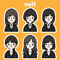 人物イラストセット_スーツの女性_白フチ
