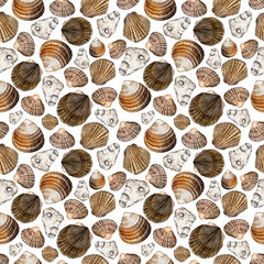 Watercolor pattern with sea shells in different shades of brown.Seamples texture. Marine theme,natural texture. Elements are painted with watercolors, for fabric,interior decoration, printed materials