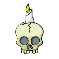 Skull with candle for ceremony in drawing style isolated vector. Halloween cartoon on white background.