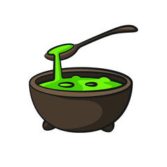 Wizard meal bowl in drawing style isolated vector. Halloween cartoon on white background.