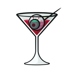 Blood dinking glass with human eye in drawing style isolated vector. Halloween cartoon on white background.