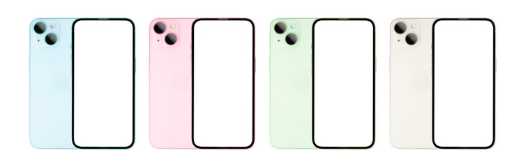 collection blank screen of new mobile or smartphone isolated on white background.