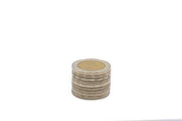 10 Baht coins; The Thai silver and gold color inside the coin, with temple sign inside of it on white background. Clipping Path.