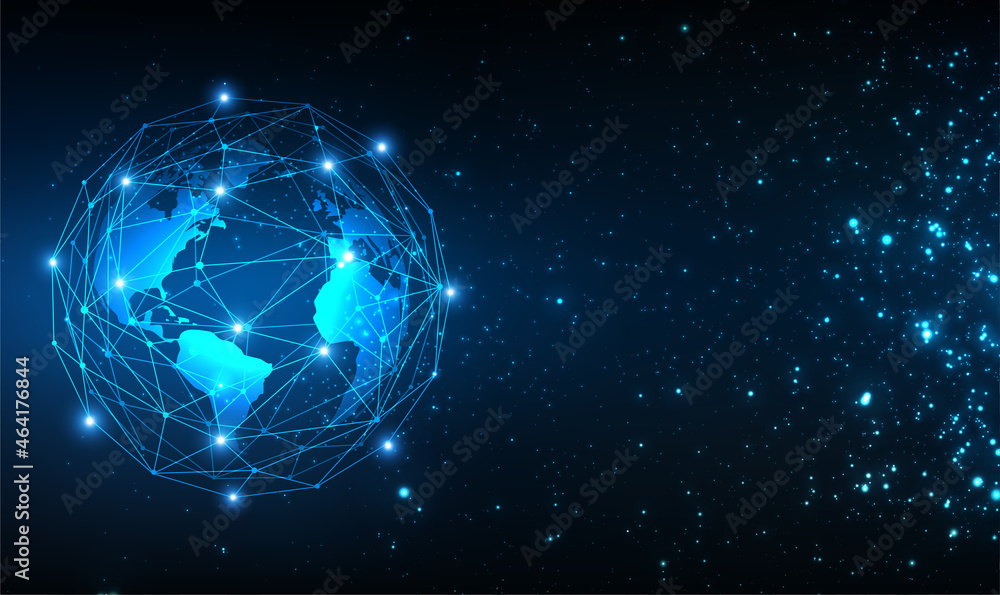 Poster global communication network connection around planet earth in space. worldwide exchange of informat