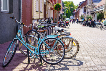 Fototapeta na wymiar Retro bicycles parked for transportation around the city.
