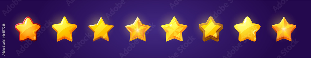 Poster set of game ui stars, rate or gui design elements yellow golden glossy assets for app user interface