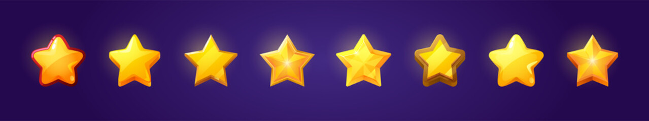 Set of game ui stars, rate or gui design elements yellow golden glossy assets for app user interface and score display, winner achievement isolated symbols, bonus Cartoon vector illustration, icons © klyaksun