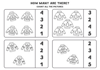 Counting game with Christmas sweaters. Educational worksheet.