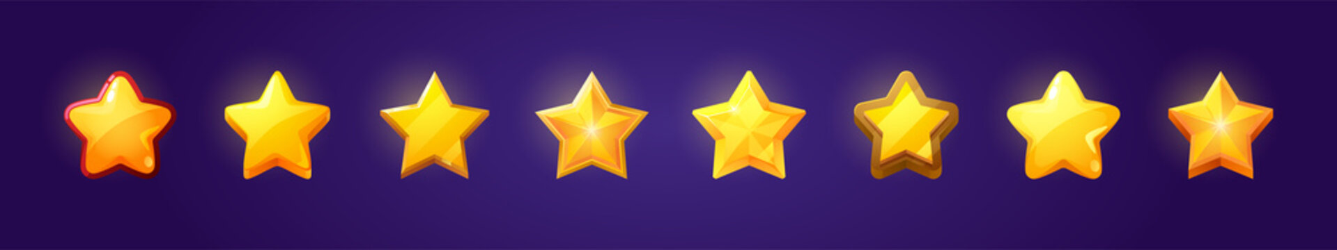 Set of game ui stars, rate or gui design elements yellow golden glossy assets for app user interface and score display, winner achievement isolated symbols, bonus Cartoon vector illustration, icons