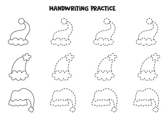 Tracing lines with cute cartoon Christmas caps. Writing practice.