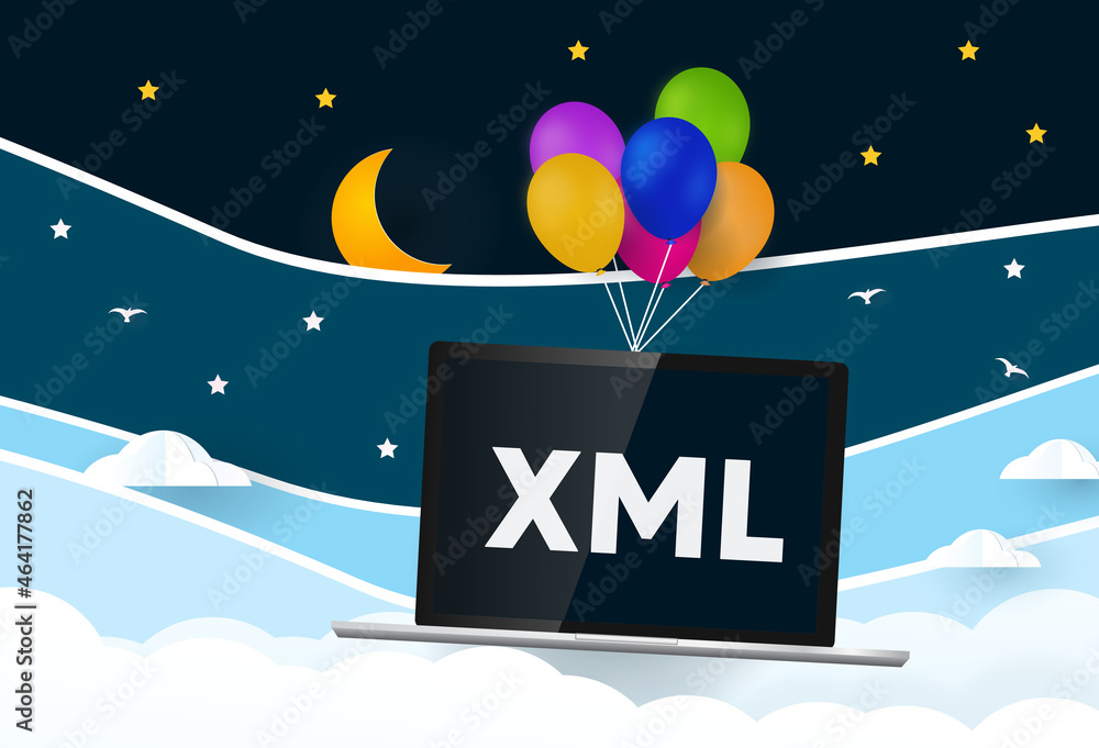 Poster extensible markup language. balloons carries laptop with word xml