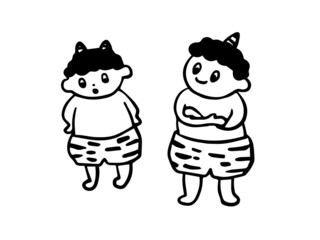 節分　下を見る鬼と腕を組む鬼