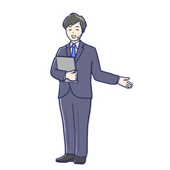 ヘッドセットを付けて説明するスーツ男性のイラスト