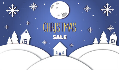 Christmas sale banner. Vector illustration in paper cut out style.