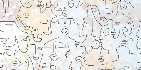 One line drawing. Abstract face seamless pattern.