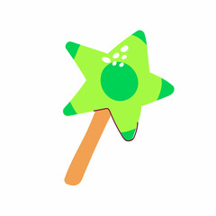 Cartoon candy in the shape of a star. Lollipop isolated on white background. Hand-drawn green sweet dessert with ornament for kids space party, Easter, birthday. Vector kawaii ice cream illustration