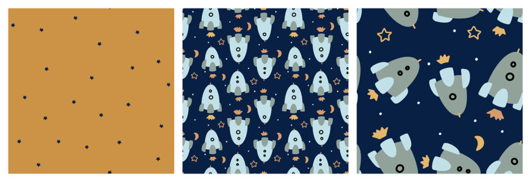 Rocket Seamless Pattern For Pajama Print In Navy And Ochre Yellow Colours.