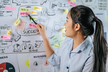 Young working woman present planing of project on board