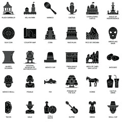 Black and white Mexico Elements flat vector icon collection set