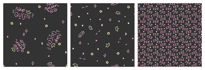 Dark sleeping, bedtime and night rest themed seamless pattern set with zzz sound imitation sign, sleep masks and stars to use for pajama or hight clothing.