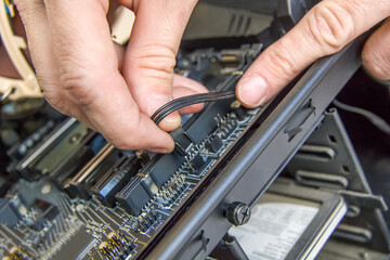 Assembling a personal desktop computer. Input the connector to the motherboard. Selective focus