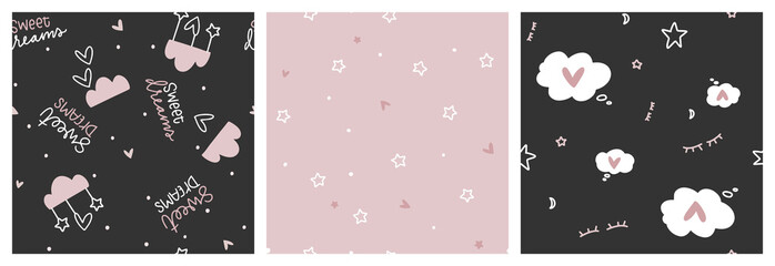 Cute hand-drawn vector graphic and lettering with clouds, hearts, closed sleepy eyes and stars in dusty pink and black neutral colours. Sweet dreams non directional seamless pattern set for the girl's