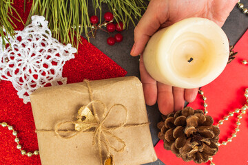 Happy New Year. Holiday Decoration or postcard concept with flat lay copy space