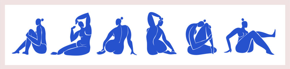 Female abstract figures inspired by Henry Matisse. Cut out blue female full bodies in various poses. Contemporary vector art isolated on white background.