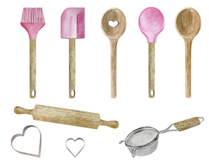 Watercolor pink kitchen utensils, culinary spatula, whisk and pink pastry bag