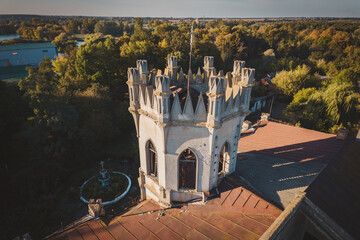 Aerial view of ruined castle in neo-gothic style, Ukraine