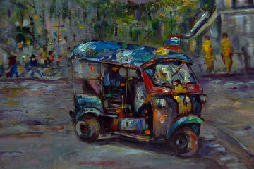 Art Oil painting Fine art Thailand Tuk Tuk car   , art harmony , Colorful painted
