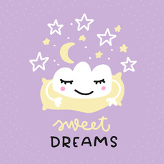 Sweet dreams baby girl bedtime pajama print vector design with sleeping cloud on a pillow and stars seamless pattern background. Cheerful drawing for nursery wall art or clothing in pastel lilac, pink